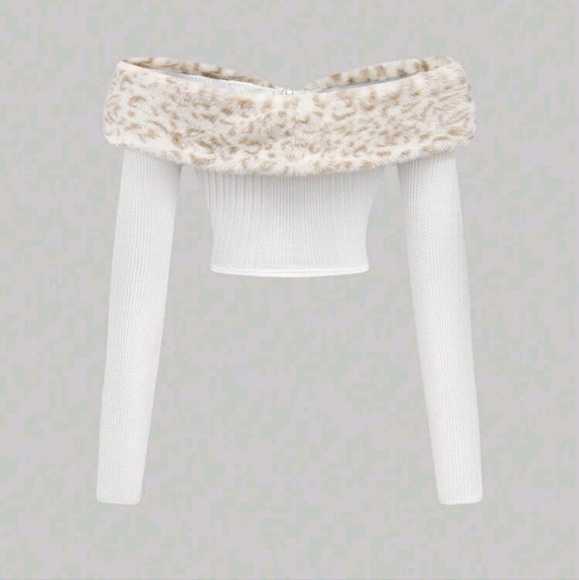 Grunge Punk Y2K Retro Valentine's Day Open Shoulder Leopard Furry Patchwor Top - Picture 4 of 4